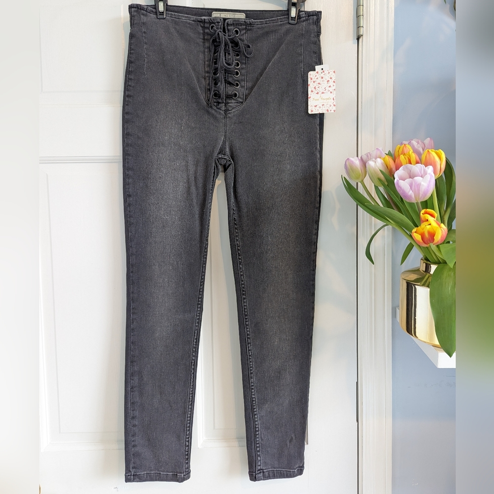 Free People Black Lace Up High Rise Skinny Jeans Size W28